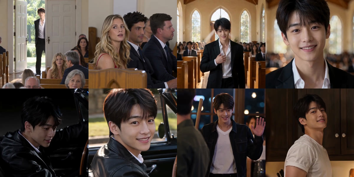 Eight stills from a Damon Salvatore AI edit: the church door entrance, guests turning, the walk up the aisle, a close-up, the convertible at night and by day, the night party and the kitchen