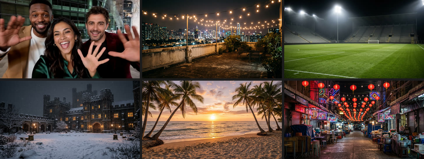 Six Gangnam Style AI scenes: the night plaza with an AI-generated trio, a city rooftop, a floodlit stadium, a snowy castle, a beach at sunset and a neon night market