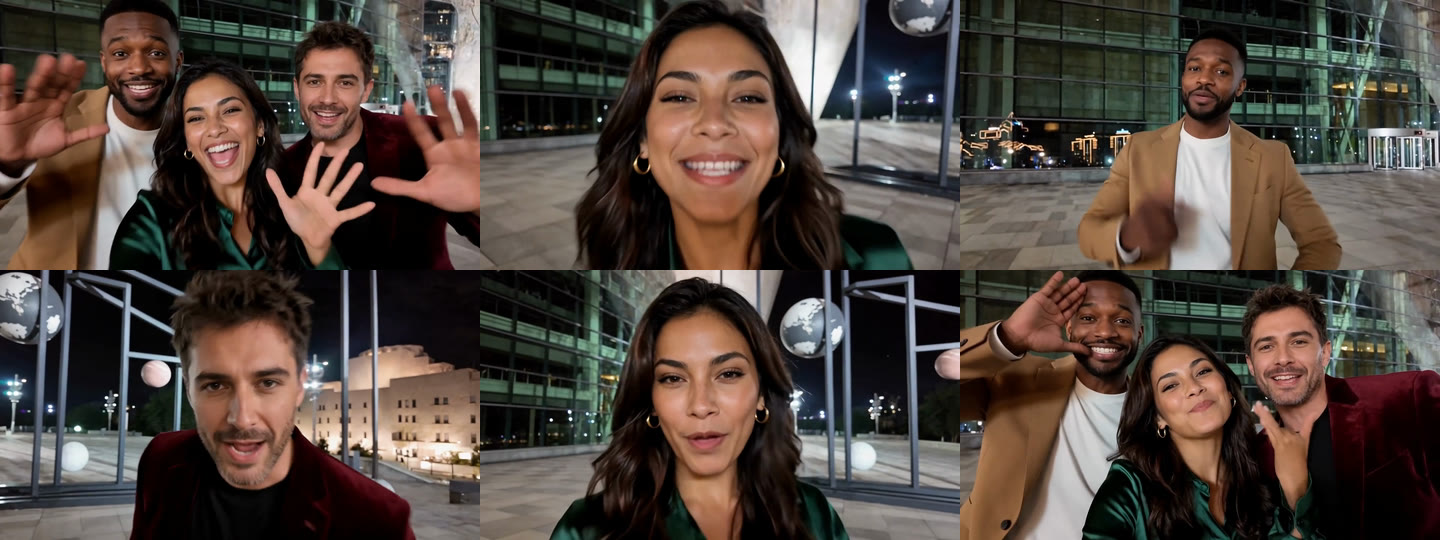 Six stills from a Gangnam Style AI trio video: the group selfie, the center close-up, the left solo, the right solo, the center close-up again and the closing group wave
