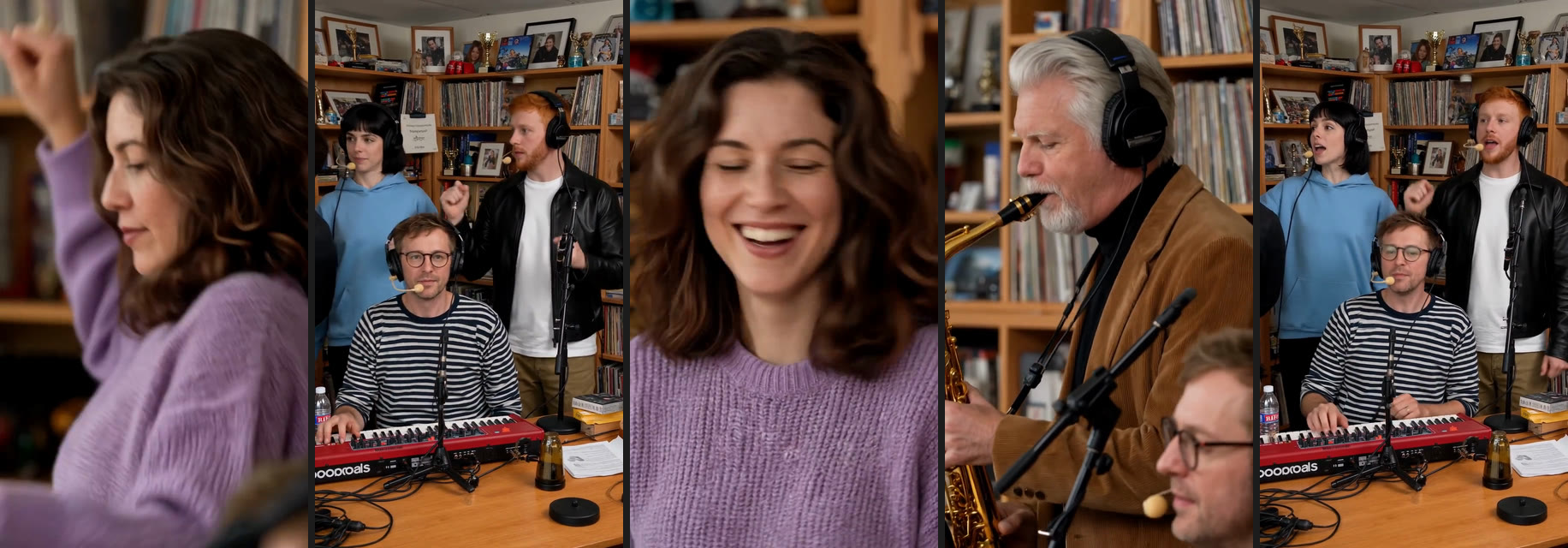 Five stills from a Tiny Desk AI video: the lead singer's opening close-up, the band behind the desk, the long close-up, the saxophone solo and the band again