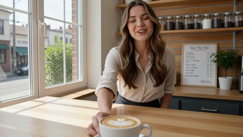 AI-generated video of a barista in a sunlit cafe sliding a latte across the counter and smiling at the camera — Kling 4.0, 720p, 3 seconds, 16:9