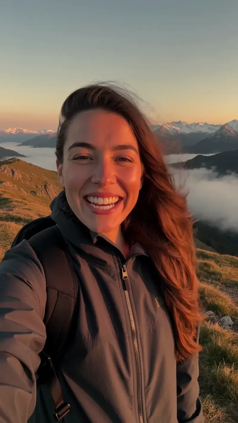 AI-generated vertical video of a hiker on a windy mountain ridge at golden hour turning to the camera with a grin, hair and jacket blowing in the wind — Kling 4.0, 720p, 3 seconds, 9:16