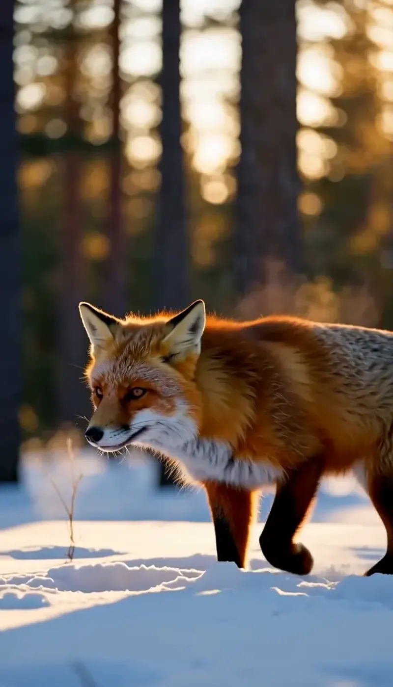 AI-generated vertical video of a fox walking through fresh snow in a pine forest at sunrise, its breath visible in the cold — H3, 768p, 5 seconds, 9:16