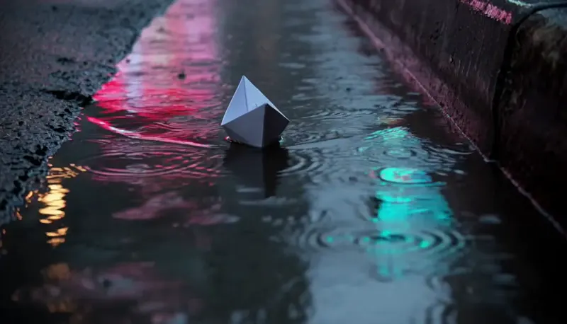 AI-generated video of a paper boat drifting down a rain-soaked city gutter at dusk, neon reflections rippling on the water — H3, 768p, 5 seconds, 16:9
