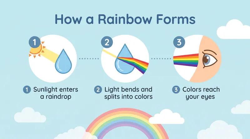 KI-generierte Infografik mit drei nummerierten Schritten zur Entstehung eines Regenbogens. Erstellt mit Nano Banana 2.1 in 2K.