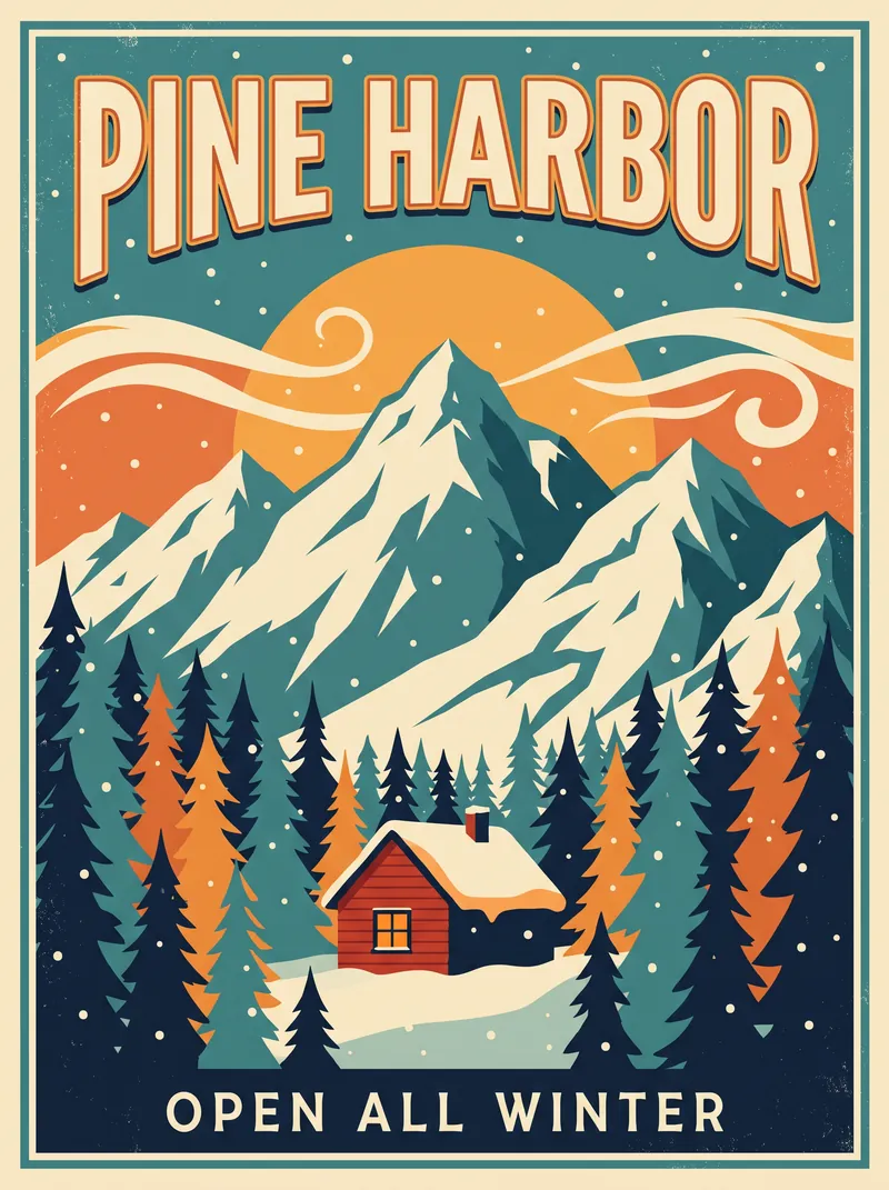 KI-generiertes Retro-Reiseposter mit der Überschrift PINE HARBOR, verschneiten Gipfeln, Kiefernwald und einer roten Hütte. Erstellt mit Nano Banana 2.1 in 2K.