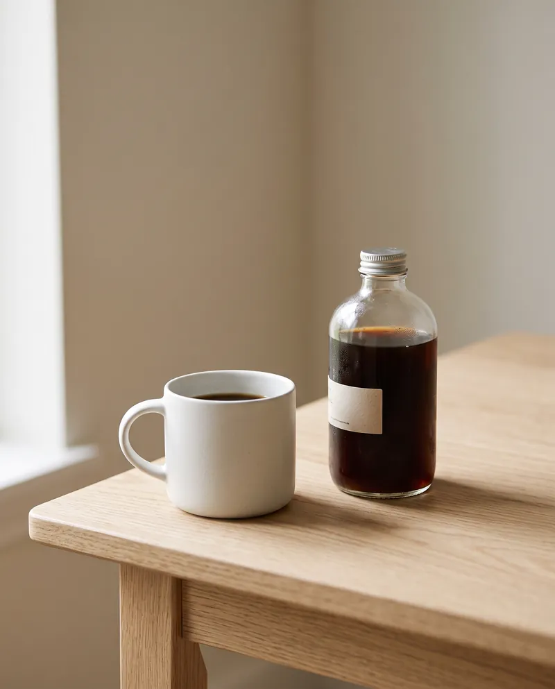 KI-generiertes Studiofoto einer weißen Keramiktasse und einer Glasflasche Cold Brew auf einem hellen Eichentisch. Erstellt mit Nano Banana 2.1 in 2K.