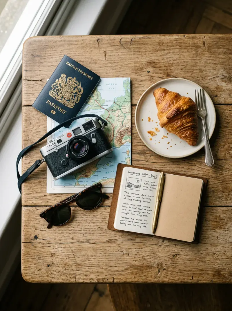 AI-generated top-down flat lay of travel packing: passport, film camera, paper map, sunglasses and a croissant — made with Nano Banana 2 at 1K
