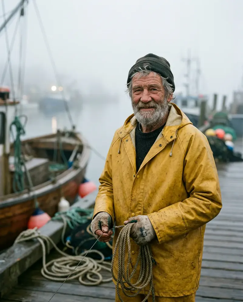 AI-generated editorial portrait of an elderly fisherman in a yellow raincoat on a misty harbor at dawn — made with Nano Banana 2 at 1K