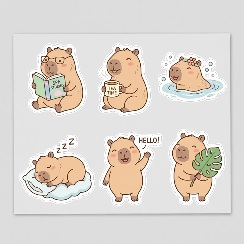 AI-generated sheet of six die-cut capybara stickers in pastel colors — made with Nano Banana 2 at 1K