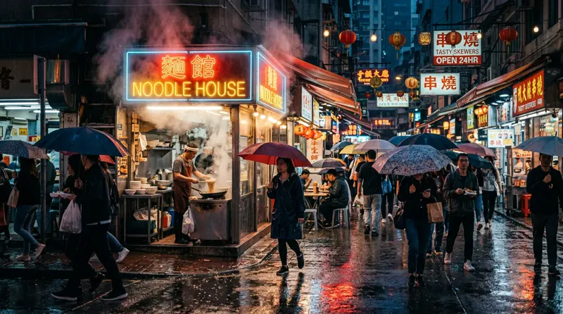 AI-generated rainy night street food market with a glowing "NOODLE HOUSE" neon sign, steam rising and wet asphalt reflections — made with Nano Banana 2 at 1K