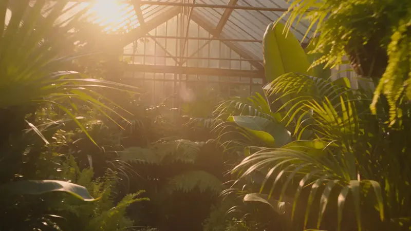 AI-generated video of a slow dolly shot through a sunlit greenhouse, dust floating in the light and a watering can pouring onto leaves — Seedance 2.5, 480p, 5 seconds, 16:9