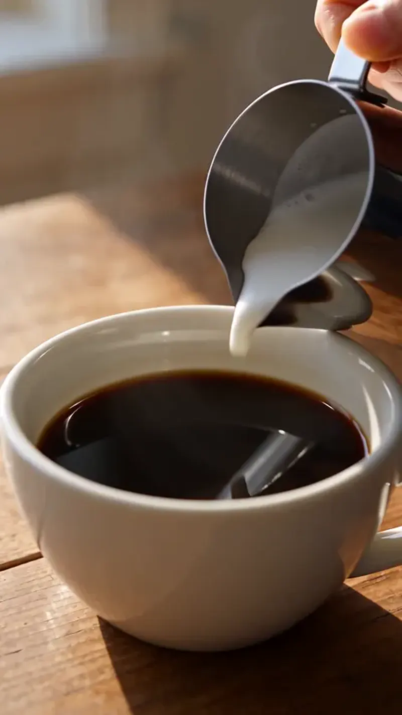 AI-generated vertical video of a ceramic cup on a wooden table as poured milk blooms into a latte-art heart — Seedance 2.5, 480p, 5 seconds, 9:16