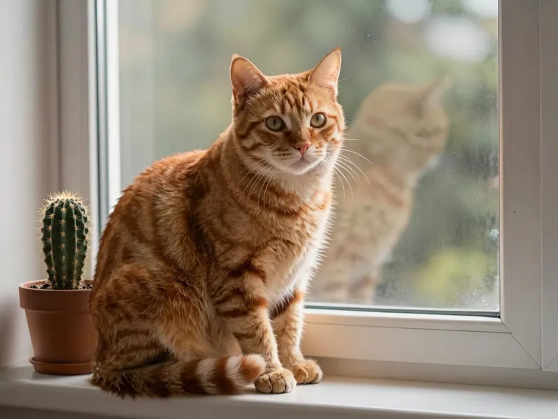 Potted plant moved along a windowsill next to a cat