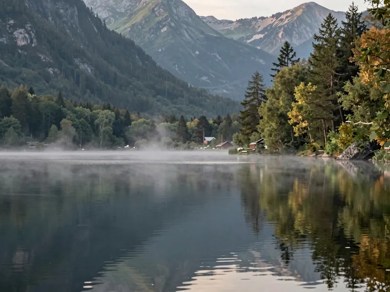 Rowing boat removed from a misty mountain lake