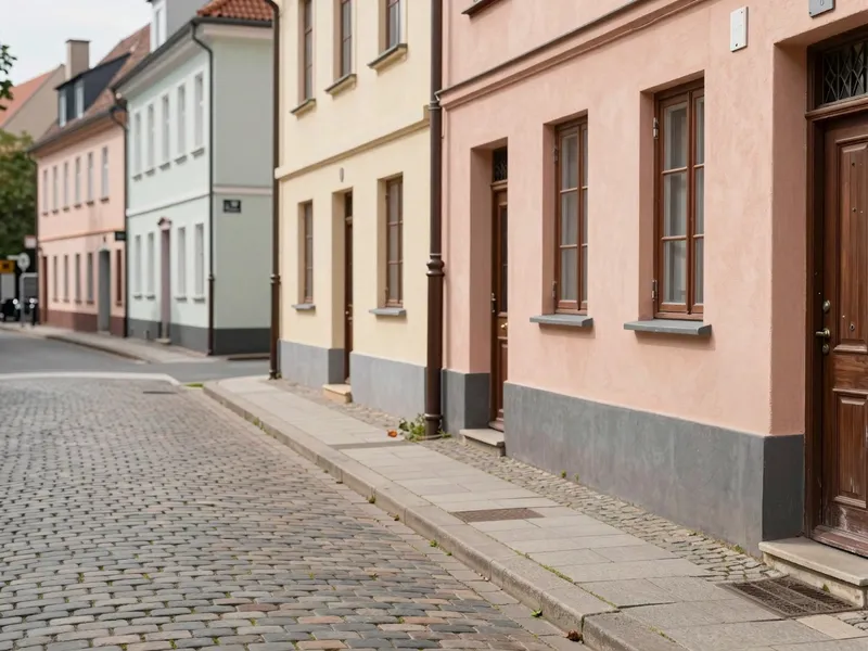 Green trash bin removed from a cobblestone street