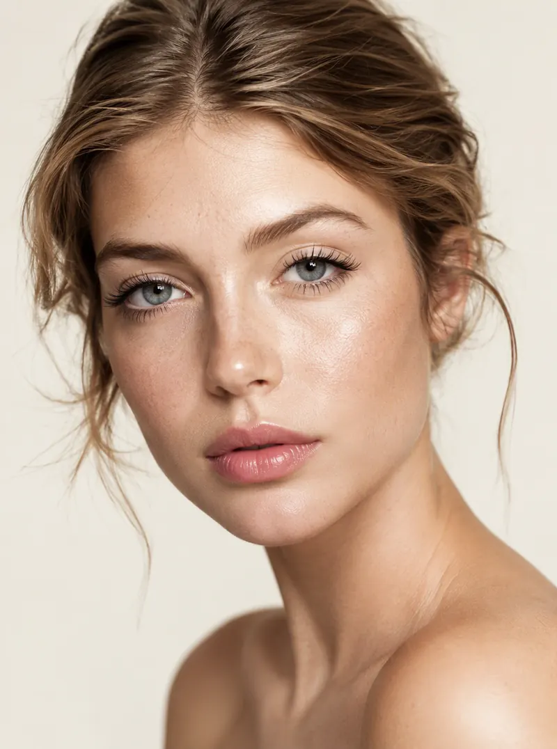 Beauty headshot sample: young woman under soft butterfly light, luminous skin, clean ivory backdrop