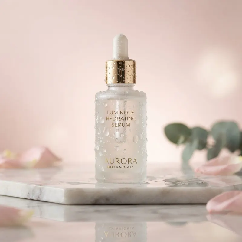 AI-generated skincare product shot: serum bottle on frosted glass with water droplets, blush-pink gradient backdrop