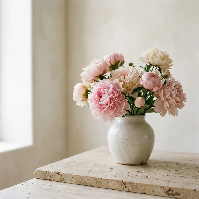 AI-generated luxury still life: peonies in a ceramic vase on travertine in soft directional daylight