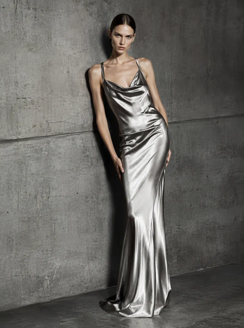 AI-generated fashion image: model in molten silver satin against brutalist concrete, hard key with soft fill