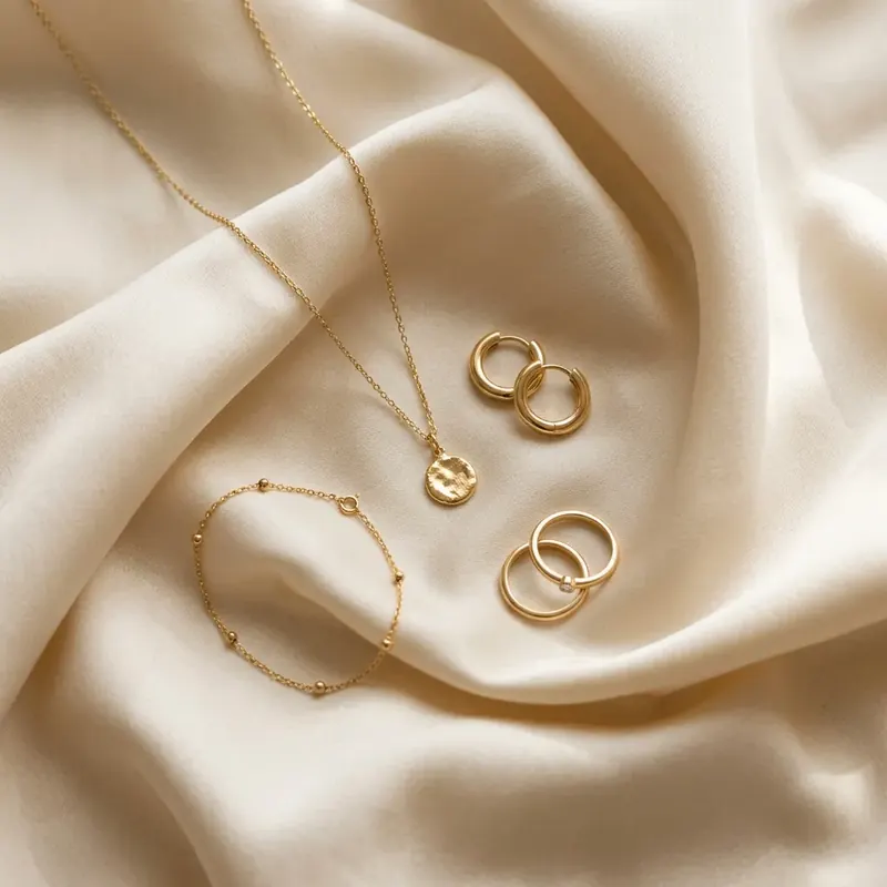 AI-generated jewelry flat-lay: gold pieces nestled in cream silk folds with soft specular highlights