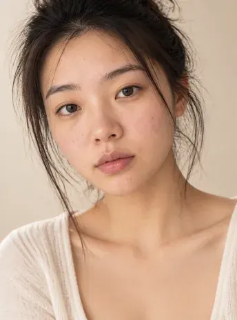 Image-to-image result: the same face restyled into a soft-lit studio beauty portrait on a creamy backdrop