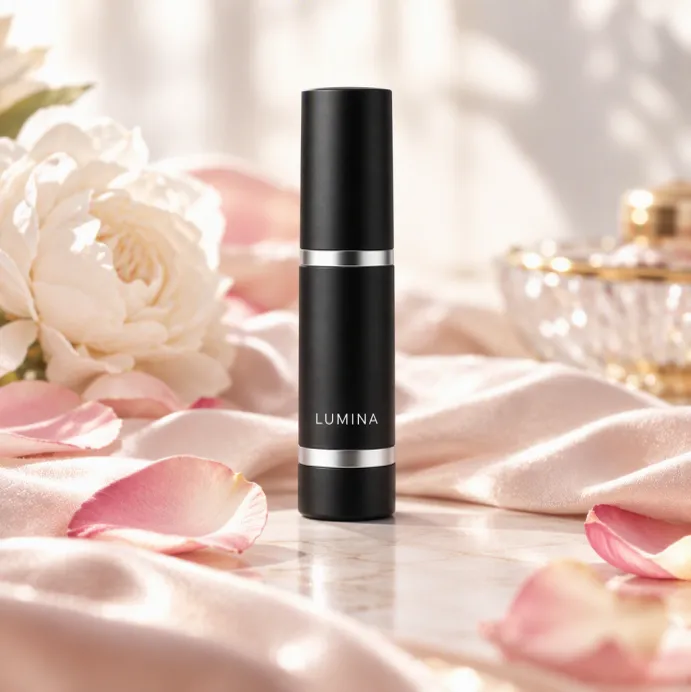 Image-to-image result: the same product placed on a soft luxury set with silk, petals and diffused daylight