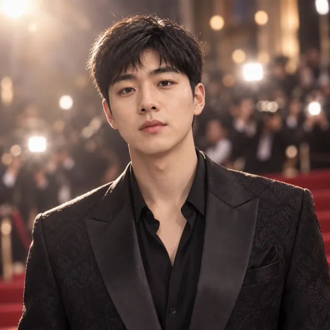 Image-to-image result: same likeness elevated to red-carpet glam in a tailored suit with soft haze glow
