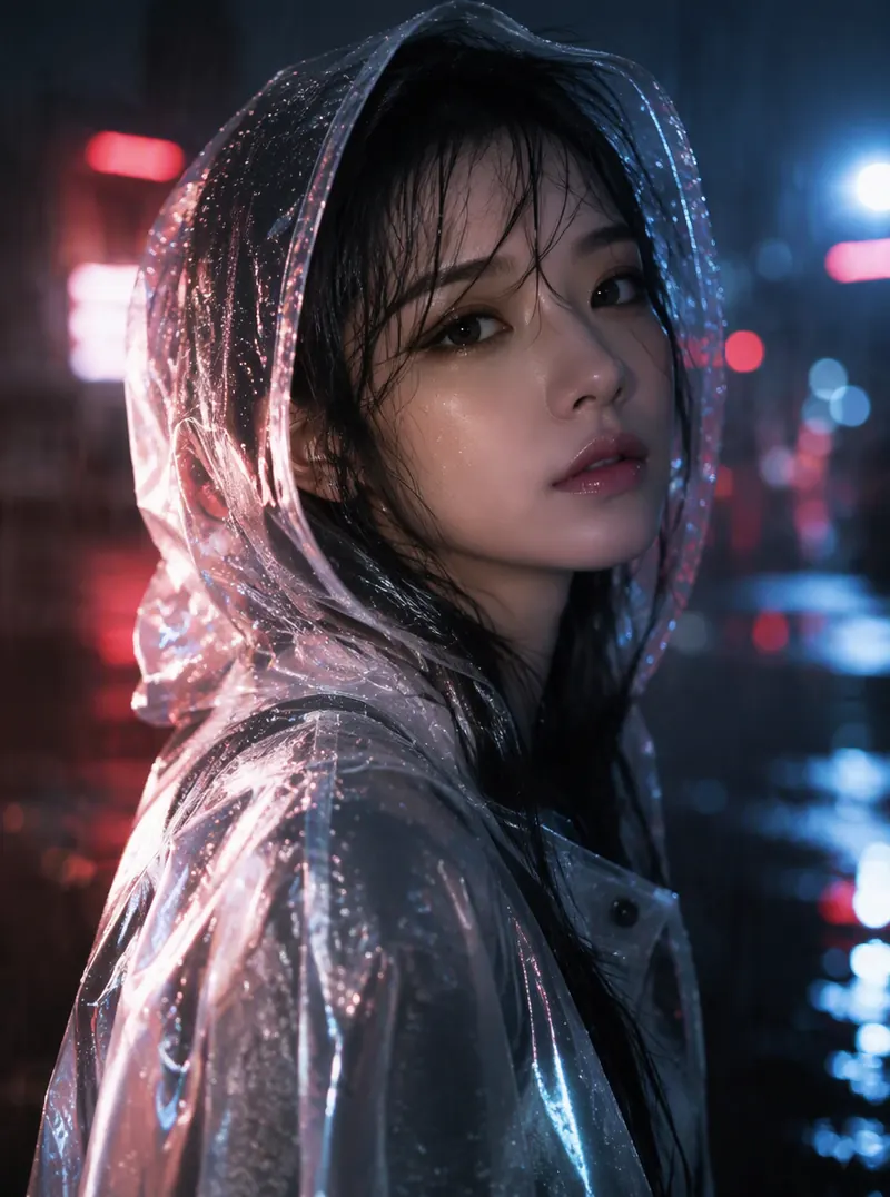 AI-generated portrait: model in a translucent raincoat, soft neon bokeh and raindrop highlights