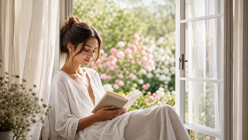 AI-generated lifestyle image: person reading by an open garden window in morning light, linen curtains